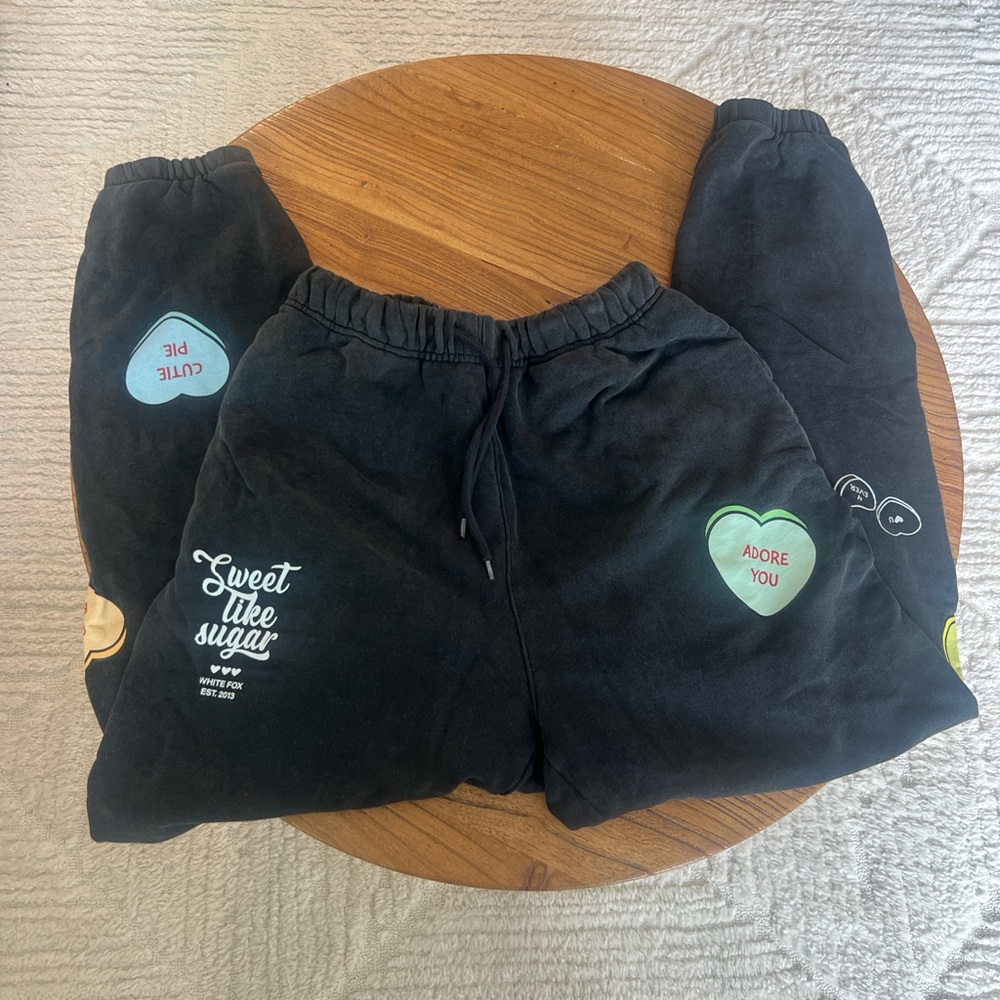 White Fox Faded Black Sweatpants with heart detail